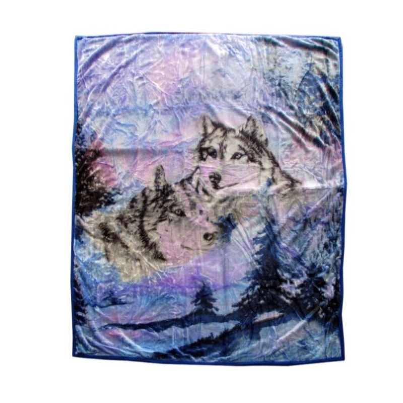 675gsm 2 Ply 3D Print Faux Mink Blanket Queen 200×240 cm Winter Wolf V442-BZO-BLANKET-6753DWINTERWOLF-BLUE-QS