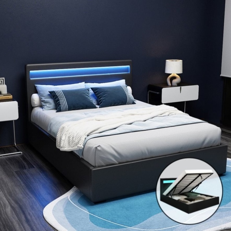 Artiss Bed Frame Double Size LED Gas Lift Black COLE BFRAME-E-COLE-D-BK-ABC