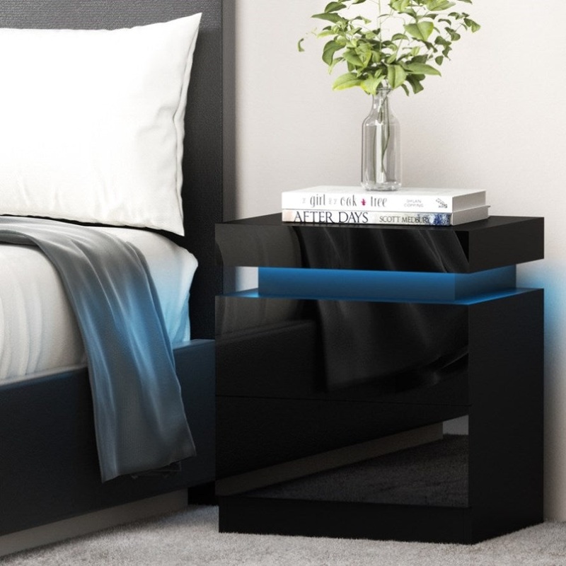 Artiss Bedside Table LED 2 Drawers Lift-up Storage – COLEY Black FURNI-O-LED-BS-01-BK