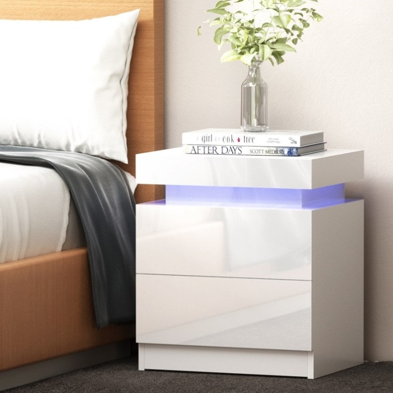 Artiss Bedside Table LED 2 Drawers Lift-up Storage – COLEY White FURNI-O-LED-BS-01-WH