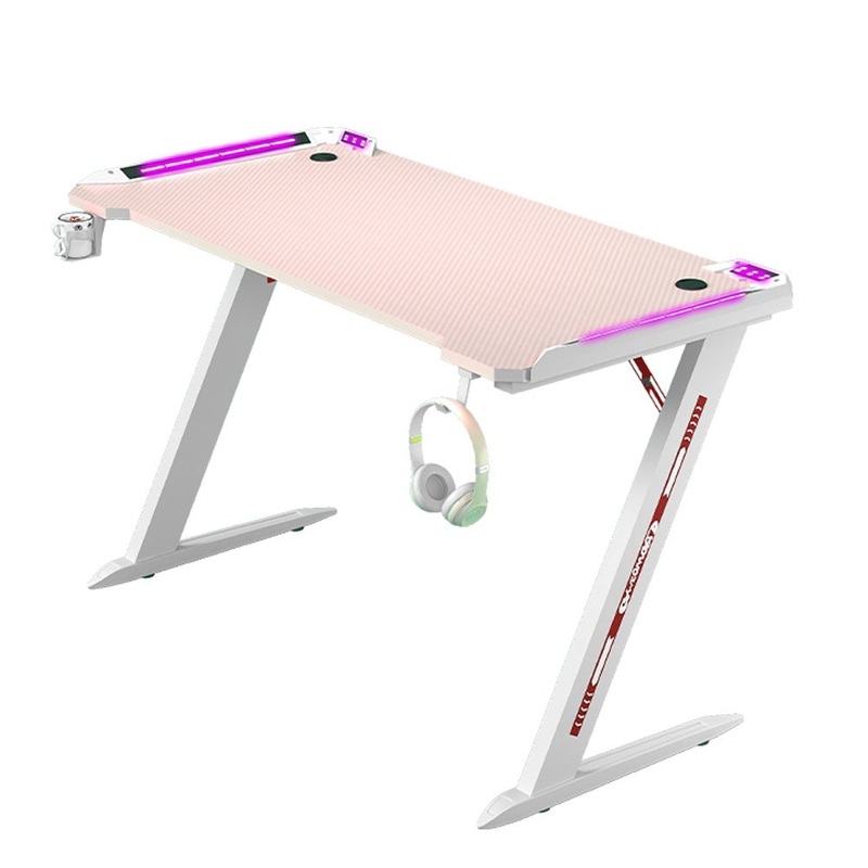 140cm RGB Gaming Desk Home Office Carbon Fiber Led Lights Game Racer Computer PC Table Z-Shaped Pink V255-D2108-140CM