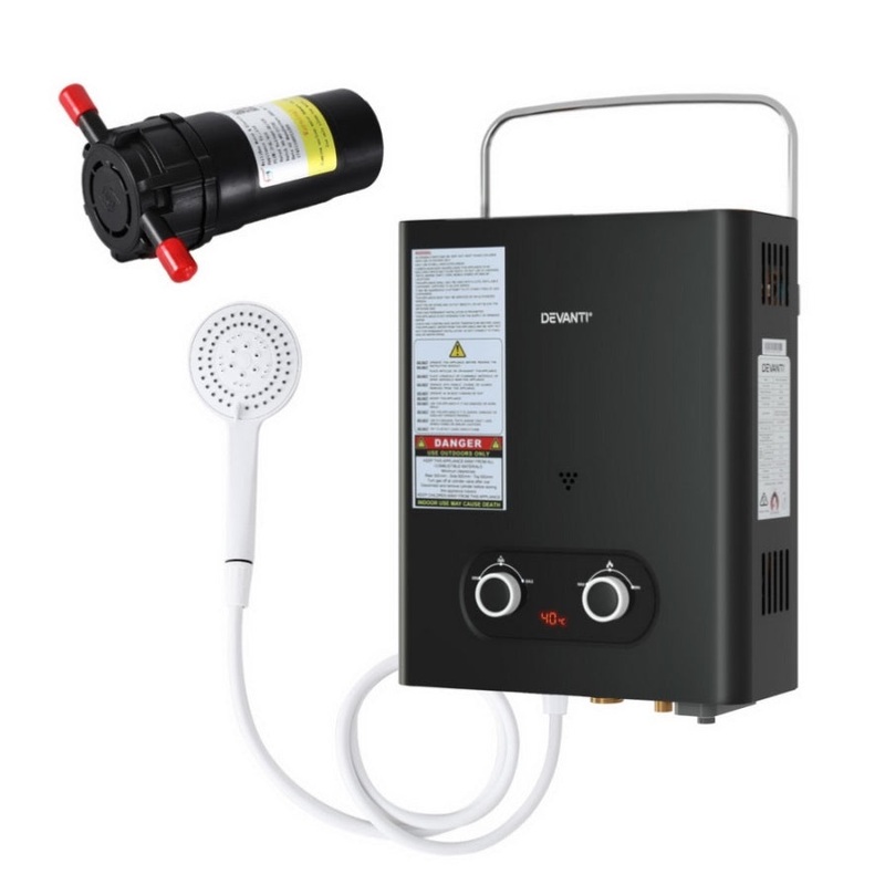 Devanti Portable Gas Water Heater LPG-powered System Black With Pump GWH-A-LPG-4DZ-BK-PUMP