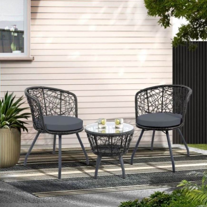 Gardeon 3PC Bistro Set Outdoor Furniture Rattan Table Chairs Patio Garden Cushion Black ODF-BISTRO-ROUND-BK
