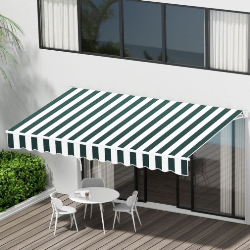 Instahut Retractable Folding Arm Awning Motorised Sunshade 3Mx2.5M Green White AWN-B-ARM-REMOTE-30X25-GNWH