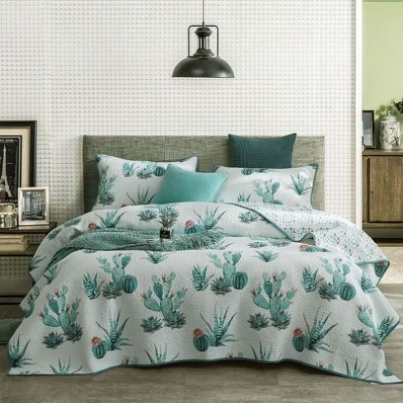 100% Cotton Lightly Quilted Coverlet Set Blooming Cactuses Cream Queen V442-STT-COVERLET-BLOOMINGCACTUSES-CREAM-QS