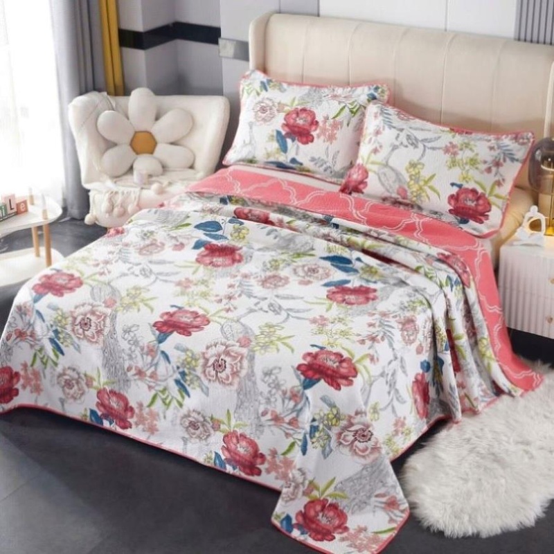 100% Cotton Lightly Quilted Coverlet Set Peacock Garden Pink Queen V442-STT-COVERLET-PEACOCKGARDEN-PINK-QS