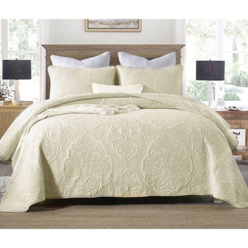 Cotton Rich Lightly Quilted Coverlet Set Royale Cream Queen V442-STT-COVERLET-ROYALE-CREAM-QS