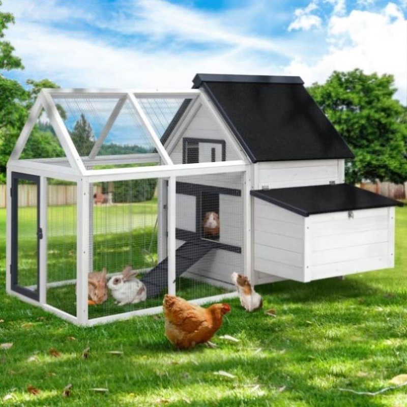 i.Pet Chicken Coop Rabbit Hutch 166cm x 120cm x 112cm Large Chicken Coop House Run Cage Wooden PET-CH-310026-WH-AB