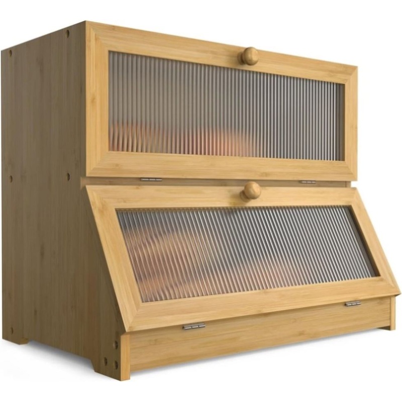 Double Layer Bamboo Bread Box for Kitchen Counter with Large Capacity and Clear Window V178-36087