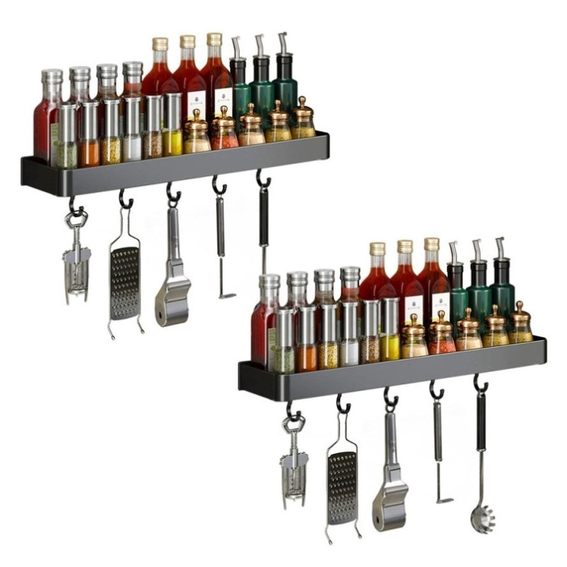 SOGA 2X 50cm Black Wall-Mounted Rectangular Kitchen Spice Storage Organiser Space Saving Condiments TAN1029X2