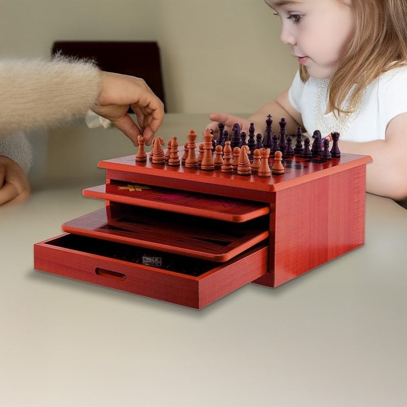 10 in 1 Wooden Chess Board Games Slide Out Checkers House Unit Set V63-816923