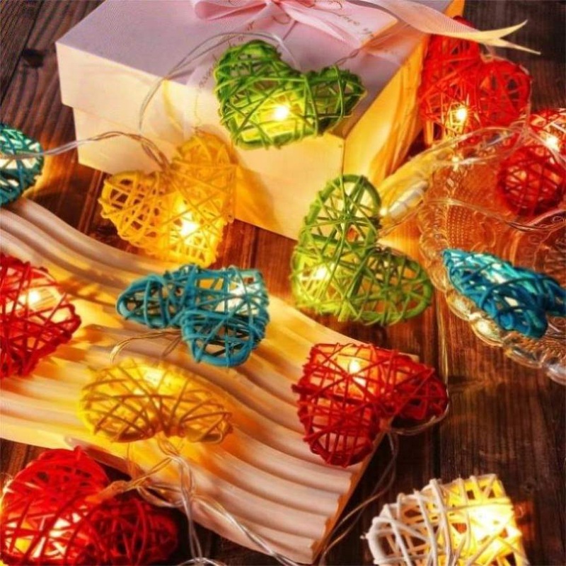 20 Rainbow 3D Hollowed Rattan Heart-Shaped 3M String Fairy Lights, Battery Indoor & Outdoor V382-RBWHRTRATTBATT20