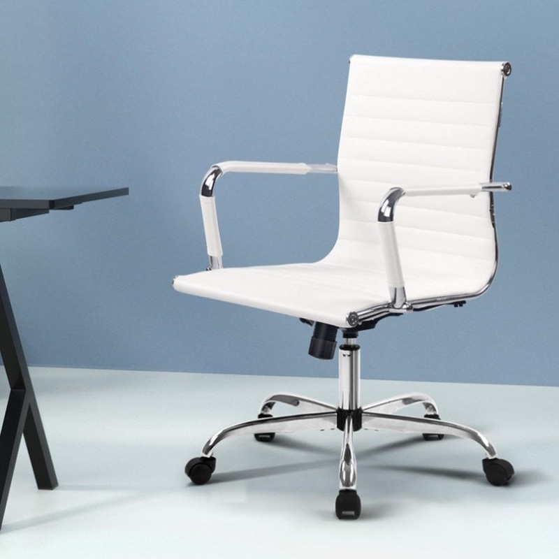 Artiss Office Chair Conference Chairs PU Leather Mid Back White OCHAIR-H-8147-WH