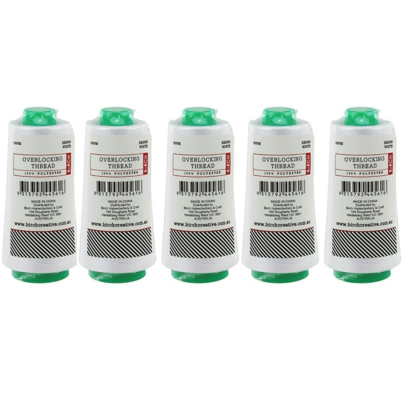 5 Pack White Overlocking Thread 2000m Polyester Birch Overlocker Cone Spool Sewing V238-SUPDZ-32056007589968
