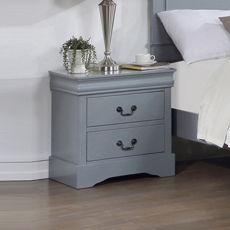 Bedside Table Grey Colour With 2 Drawers Night Stand Solid Wood Metal Handles V43-BST-SPNC