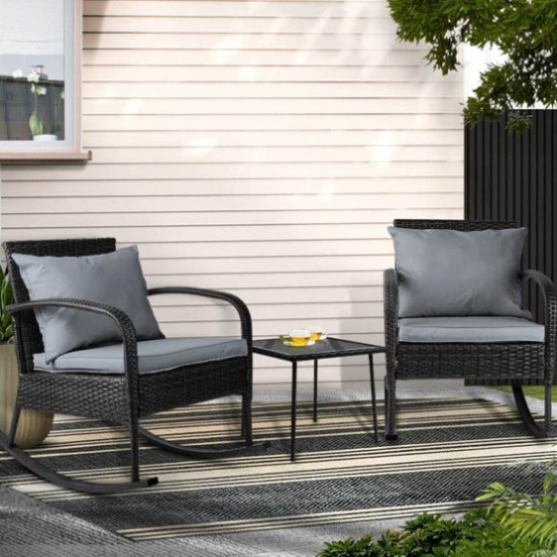 Gardeon 3PC Rocking Chair Table Wicker Outdoor Furniture Patio Bistro Set Black ODF-ROCK-E-SET-BK