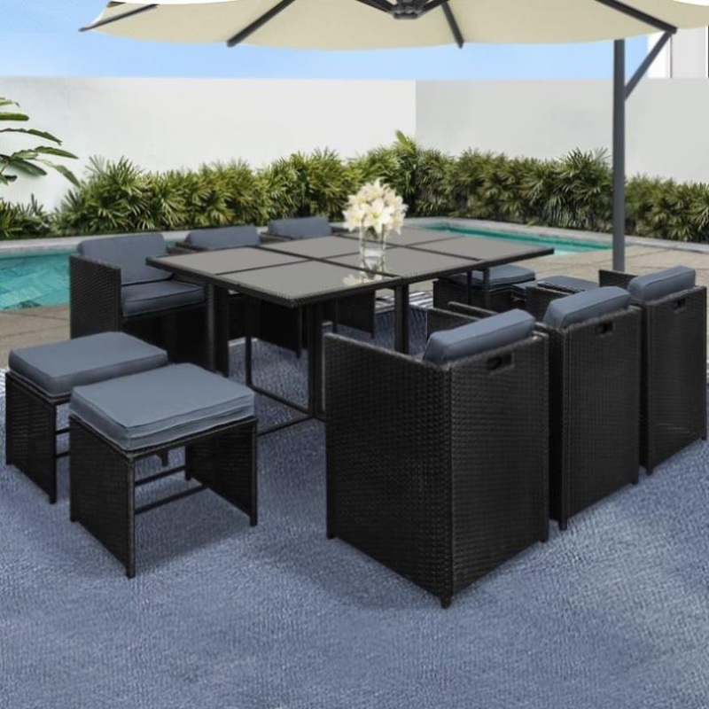 Gardeon Outdoor Dining Set 11 Piece Wicker Table Chairs Setting Black FF-DINING-11SET-BK