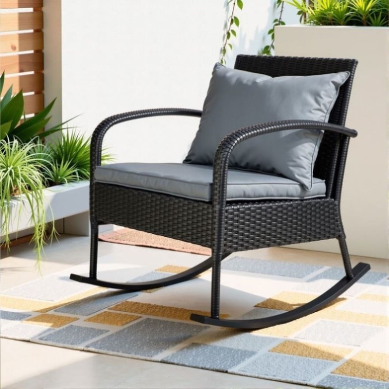 Gardeon Outdoor Furniture Rocking Chair Wicker Garden Patio Lounge Setting Black ODF-ROCK-E-CHAIR-BK