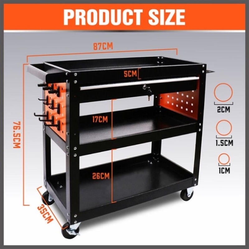 3-Tier Drawer Tool Storage Trolley Workshop Cart Steel Chest w/t Pegboard Hooks V465-95238