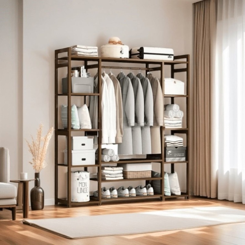 Bamboo Clothes Rack Garment Closet Storage Organizer Hanging Rail Shelf Dress room 130cm V255-QBYMJ-130