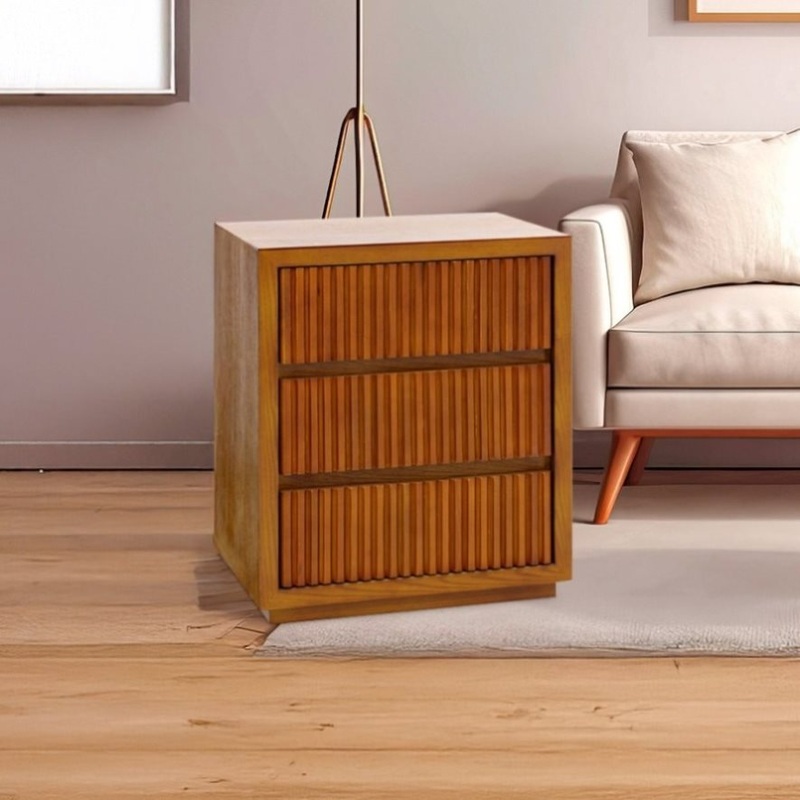Bedside Table MDF Brown Colour Waveform Design Three Drawers V43-BST-TOBY