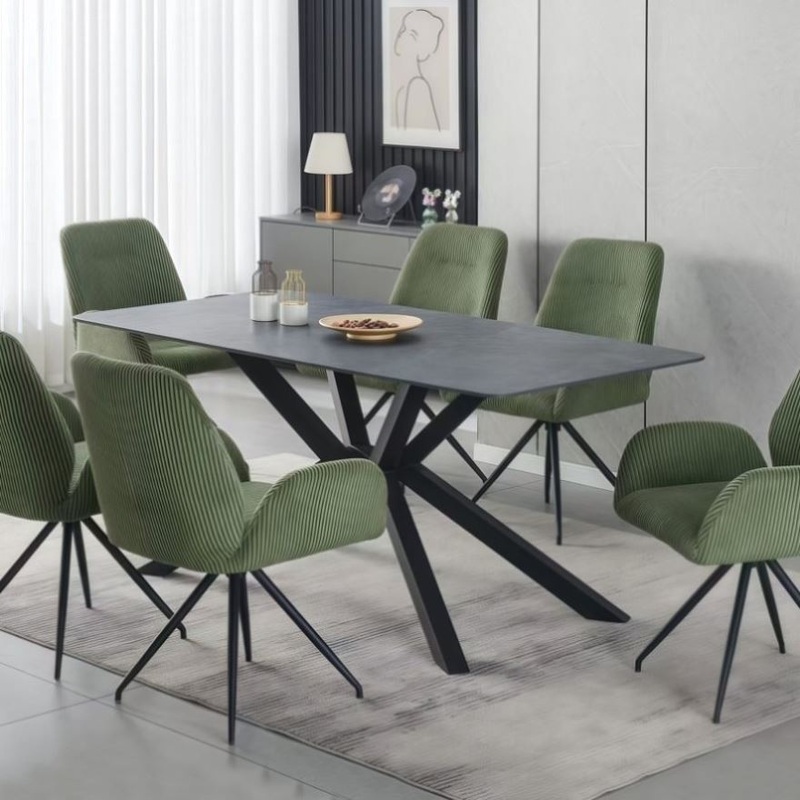 Dining Table Rectangular Shape Green Sintered Stone Top Powder Coated Iron Legs V43-DT-REX
