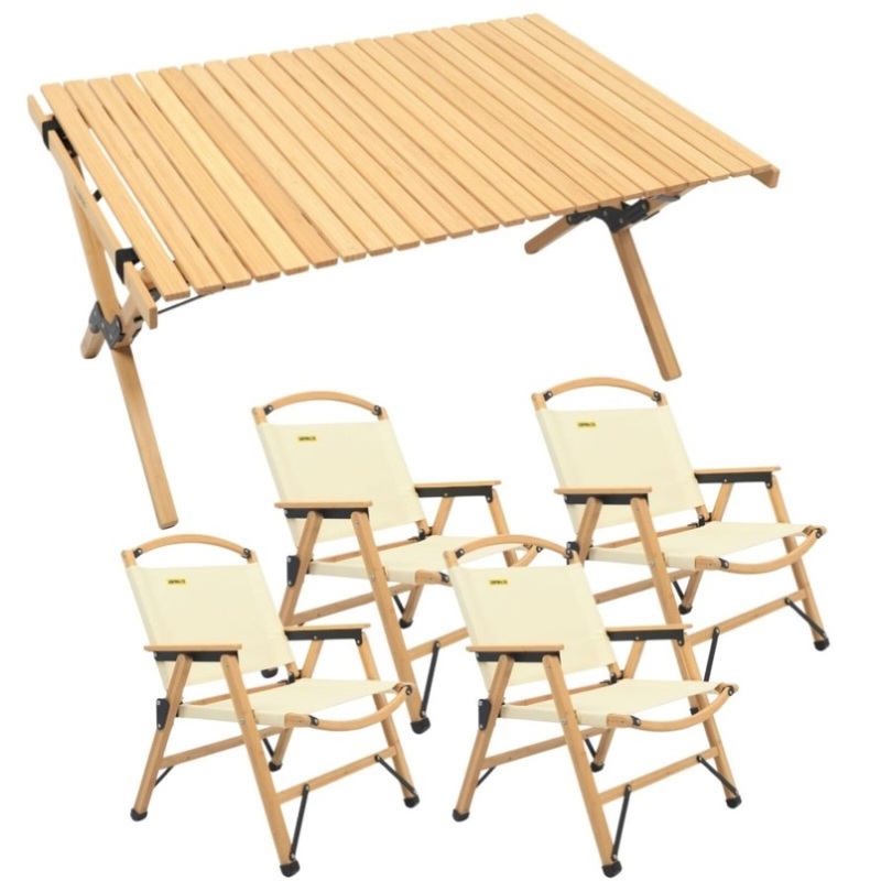 4 Chairs & 1 Table Set Bamboo Camping Folding Portable Outdoor Picnic Travel BBQ V563-MD-020MN_019M-NW__SET4