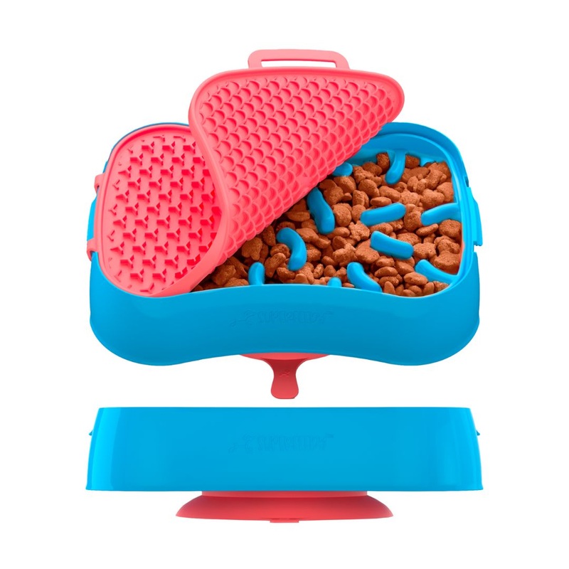 4-in-1 Slow Feeder Dog Bowl – Blue Bowl and Warm Ocean Red Lickmat V1023-SF-4IN1-BL