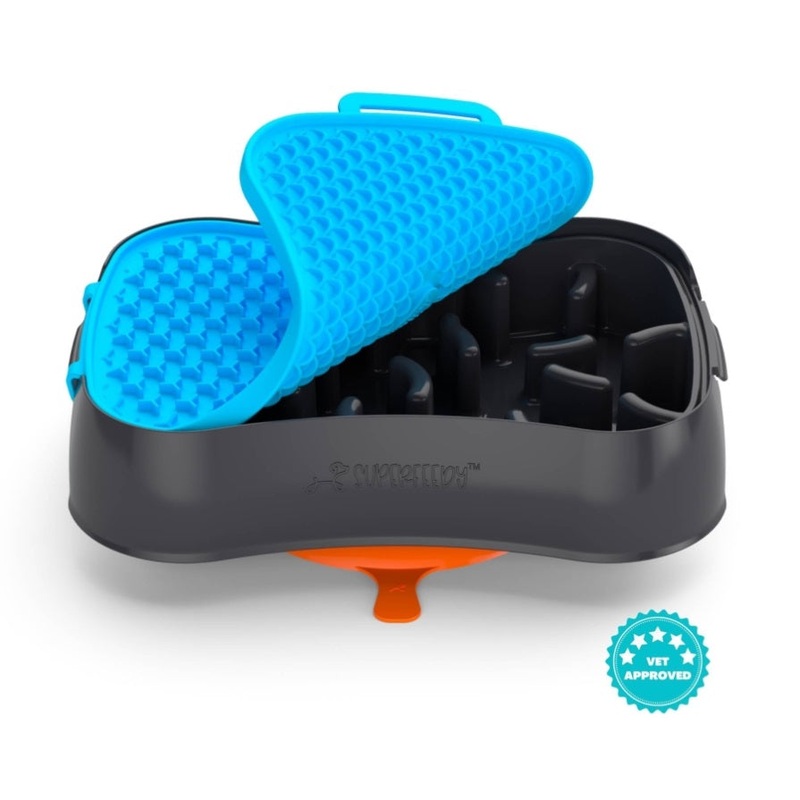 4-in-1 Slow Feeder Dog Bowl – Dark Grey Bowl with Blue Lickmat V1023-SF-4IN1-DG_DB