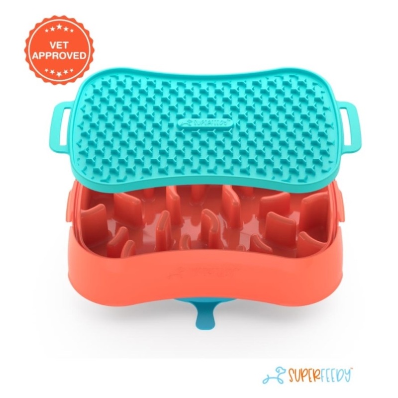 4-in-1 Slow Feeder Dog Bowl – Warm Ocean Red Bowl with Teal Lickmat V1023-SF-4IN1-OR