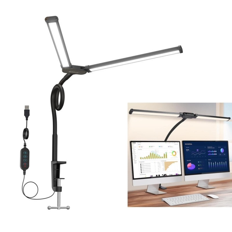Double Head Clip Desk Lamp With Gooseneck Tube Led In Black PRL-B894UP