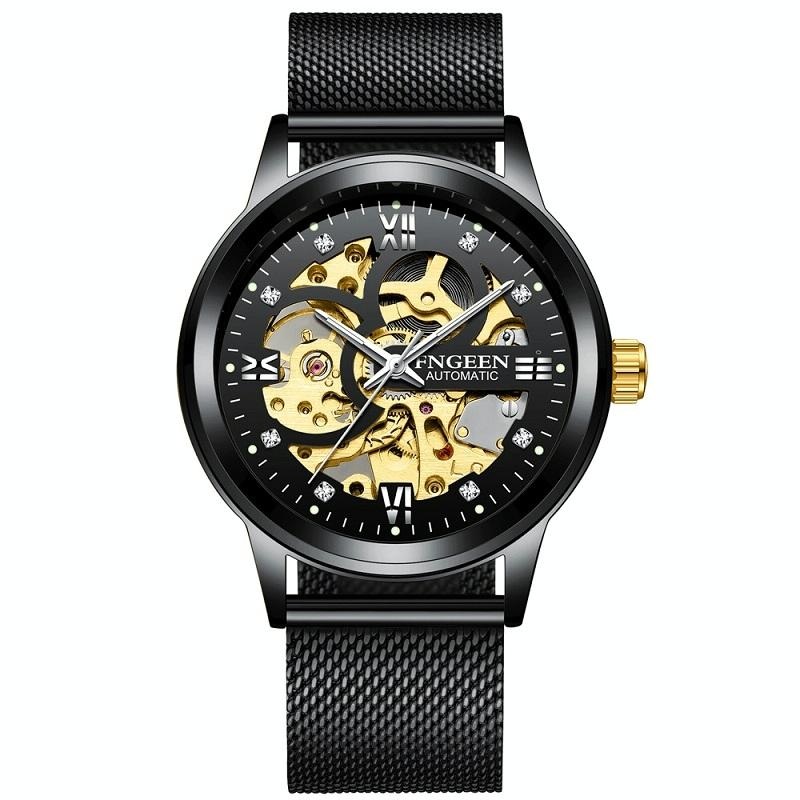 Waterproof Luminous Diamond Mechanical Watch With Double-Sided Hollow Design And Black Mesh Strap PRL-D1017852650DBT