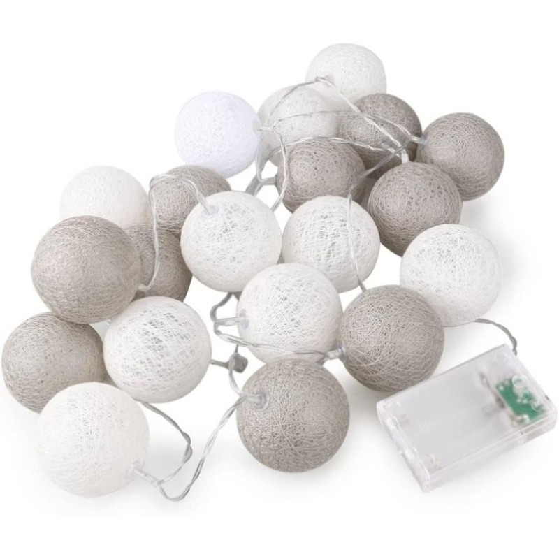 1 Set of 20 LED Grey White 5cm Cotton Ball Battery Powered String Lights Gift Home Wedding Party V382-GREYWHITEBALLBATT20