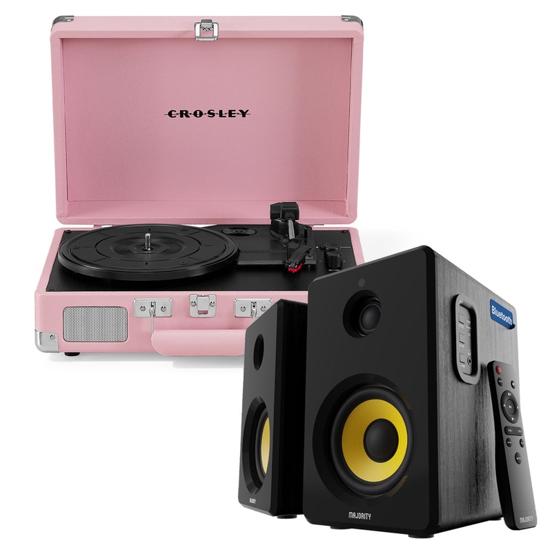 Crosley Cruiser Bluetooth Portable Turntable – Blush Pink + Bundled Majority D40X Bluetooth Speakers V398-CR8005EMY-BH4