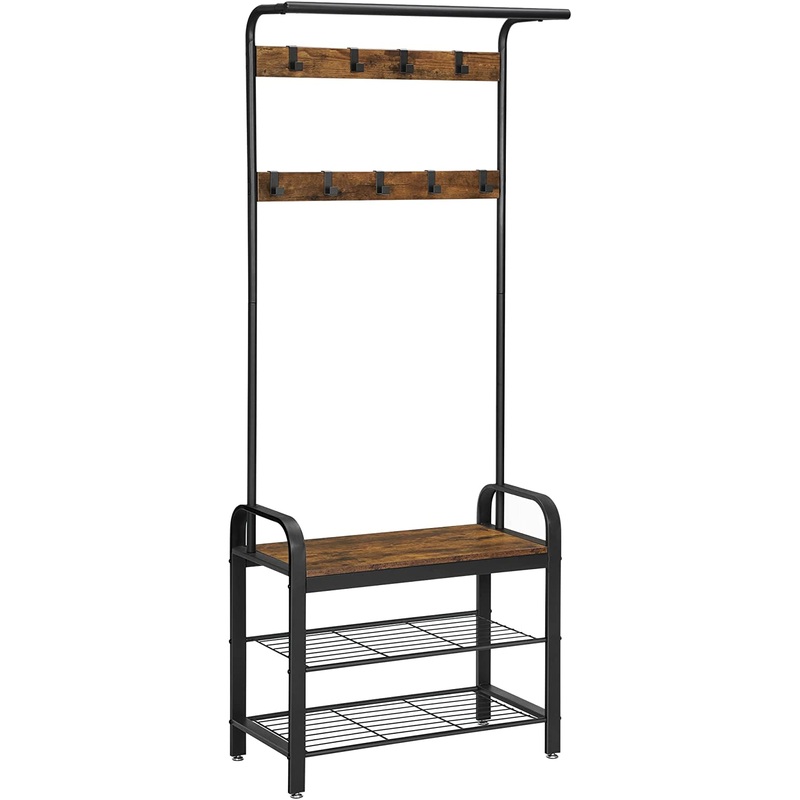 Vintage Coat Rack Shoe Bench, Wood Look Accent Furniture and Metal Frame V178-11918