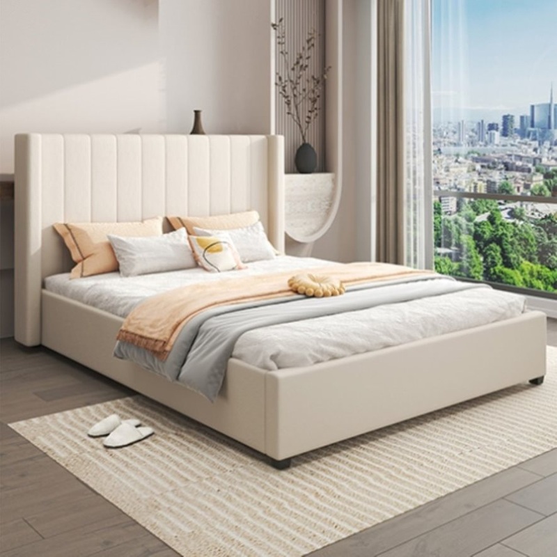 Alexa Queen Size High Rise Headboard Linen Beige Fabric Four MDF Drawers with Wheels Bed Frame V43-BED-ALEX-QBG