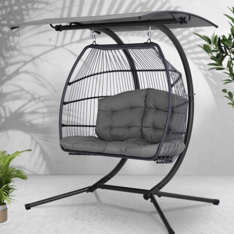 Gardeon Outdoor Egg Swing Chair Wicker Furniture Pod Stand Canopy 2 Seater Grey HM-EGG-FOLD-D-GR