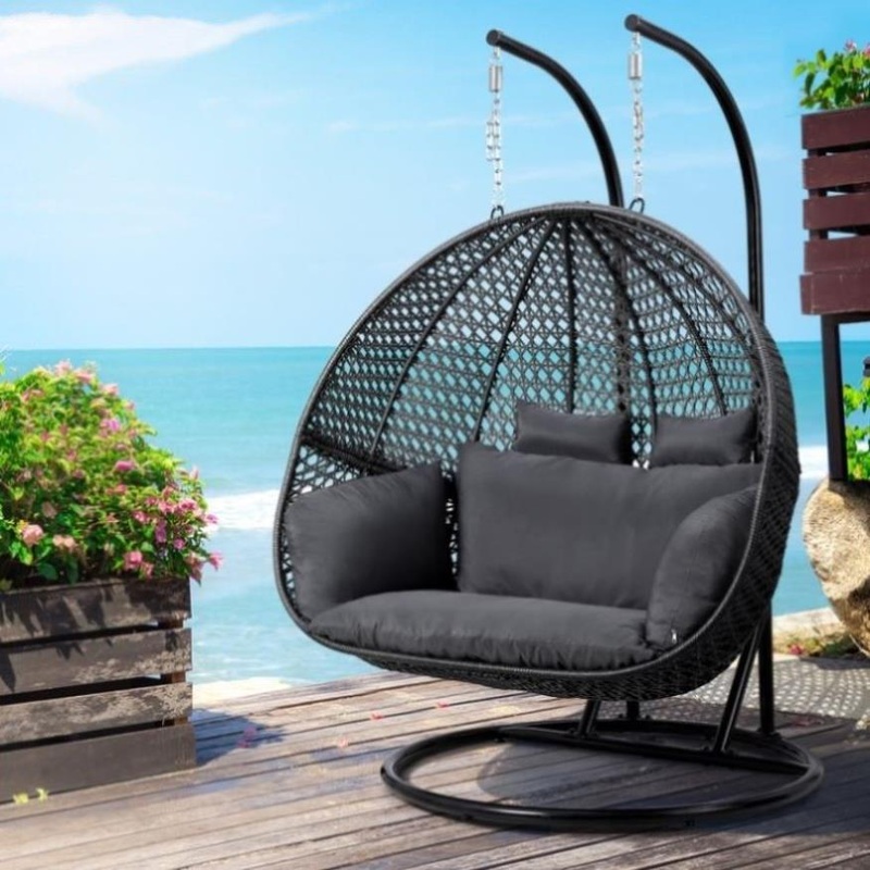Gardeon Outdoor Egg Swing Chair Wicker Furniture Pod Stand Cushion 2 Seater Grey HM-EGG-TAT-D-J-BKGR-AB
