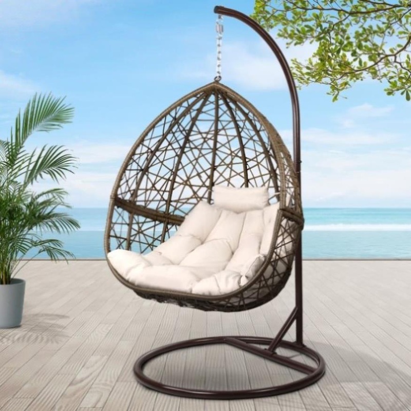 Gardeon Outdoor Egg Swing Chair Wicker Rattan Furniture Pod Stand Cushion Latte HM-EGG-RAN-S-LACR-AB
