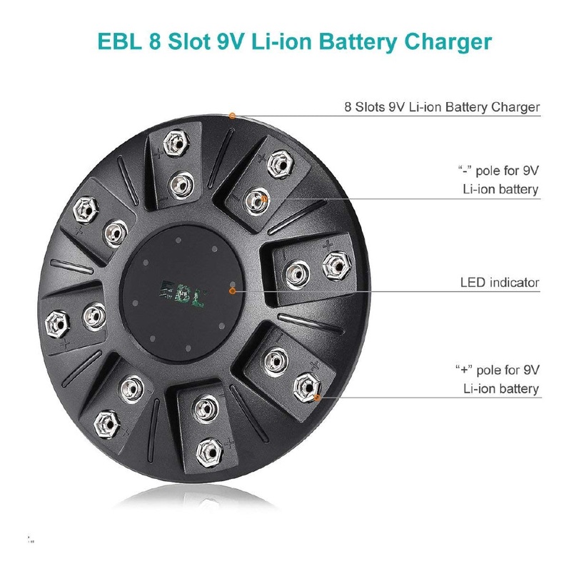 [CLEARANCE] EBL LN-6498 8 Bay Smart Individual Charger with Integrated Over-Charger Over-Current and Over-Voltage Protection, Built-In LED Charge Status Indicator Lights for 9V 6F22 600mAh Li-ion Lithium-ion Rechargeable Batteries