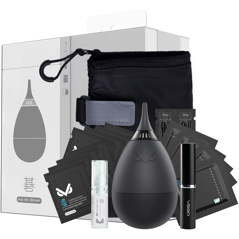 [CLEARANCE] VSGO VS-A2E Professional Lens Cleaning Kit VS-A2E with Filter Air Blower Folding Pouch Microfiber Lens Cloth Wet Wipes Lens Cleaner Metal Brush Cotton Swab for Optical Camera Lens Phone Laptop Cleaning