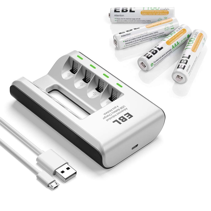 EBL 807 4-Bay AA and AAA Battery Charger with Built-In LED Charge Status Indicator Lights and 4pcs 1.2V AAA 1100mA Rechargeable NiMH Batteries for Portable and Emergency Electronics