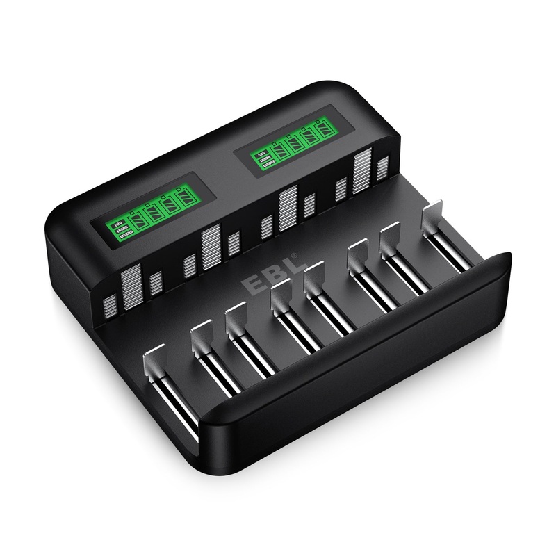 EBL TB-6431 8-Bay Universal Battery Charger with LCD Status Display, Independently Controlled Quick Charging Slots, and Built-In Overcharge Protection for AA AAA C D Rechargeable Batteries
