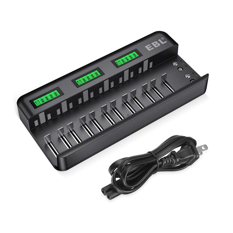 [CLEARANCE] EBL TB-6036 12-Bay Multipurpose Smart Battery Charger with LCD Status Displays, Independently Controlled Charging Slots, 2 Additional 9V 6F22 Compatible Terminals for Ni-MH Ni-CD Rechargeable Batteries