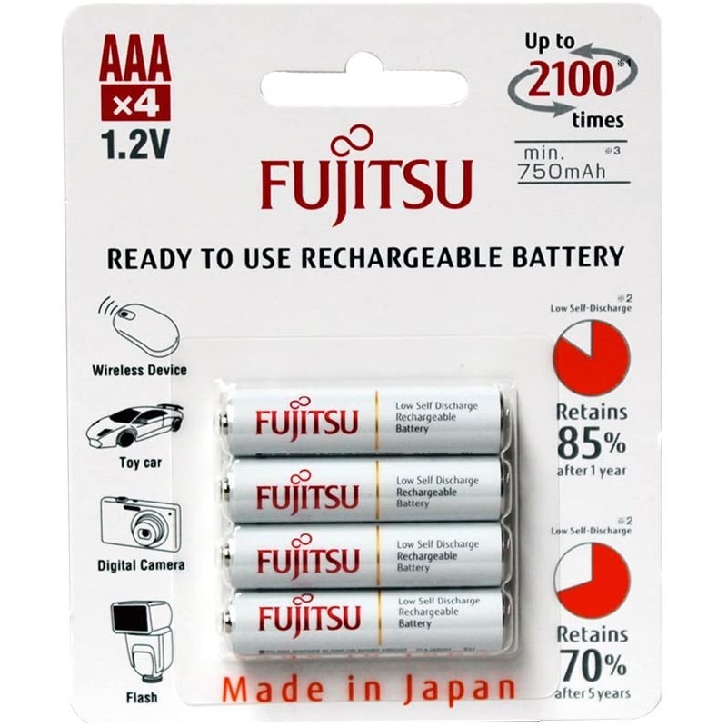 Fujitsu 1.2V 750mAh Ready-to-use NiMH Low Self-Discharge Rechargeable HR4UTC | AAA Battery Pack of 4