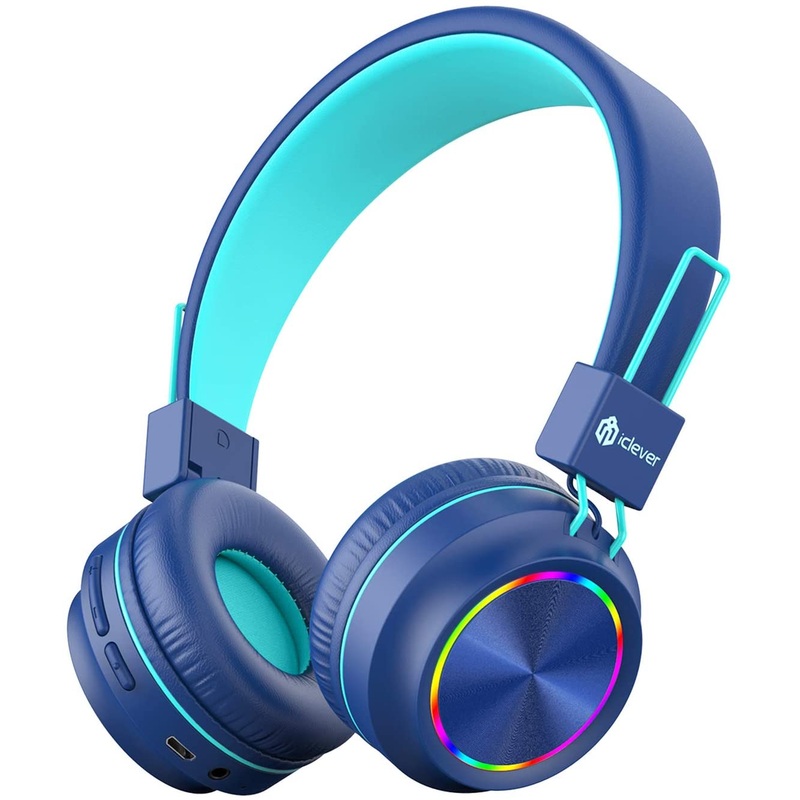 iClever BTH03 Kids Wireless Headphones Blue with Colorful LED Lights Bluetooth 5.0 Twistable Adjustable Foldable Headband 25hours Playtime