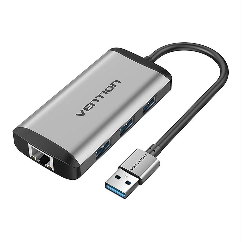 [CLEARANCE] Vention 3-Port USB 3.0 to USB 3.0X*3/Gigabit Ethernet Hub Adapter 5Gbps Tinned Copper (CKB) 0.1M Gray Metal Type
