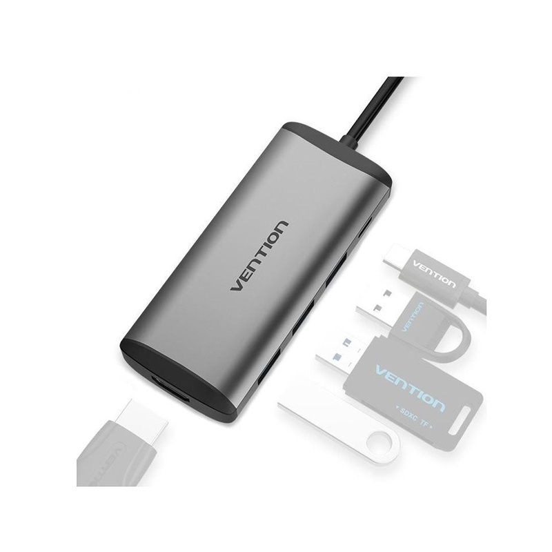 [CLEARANCE] Vention USB-C to HDMI / USB 3.0*3 / PD Docking Station Converter Hub 4K/30Hz 5Gbps Tinned Copper (CNB) 0.15M Gray Metal Type