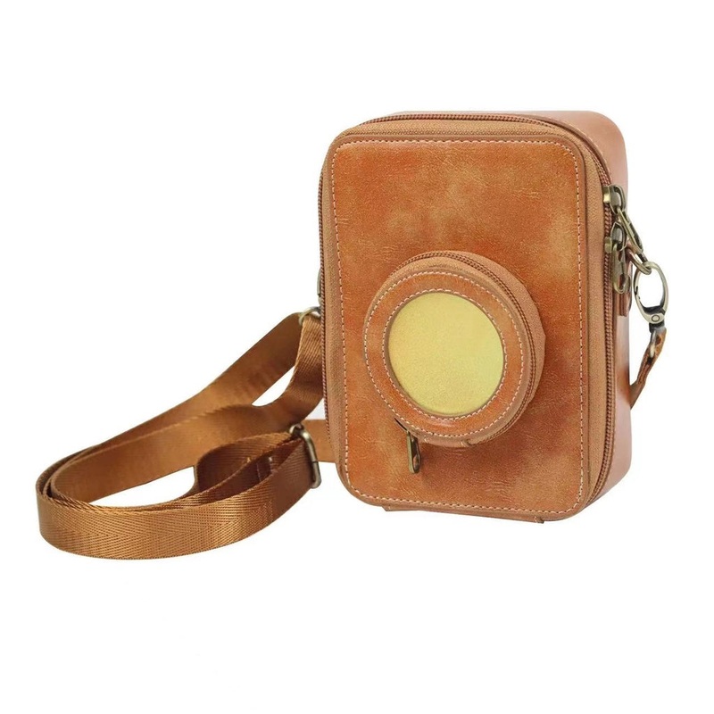 Pikxi Leather Carrying Bag for Instax Mini EVO with 2.5 x 3 Photo Pocket and Compact Lens Compartment (Brown)