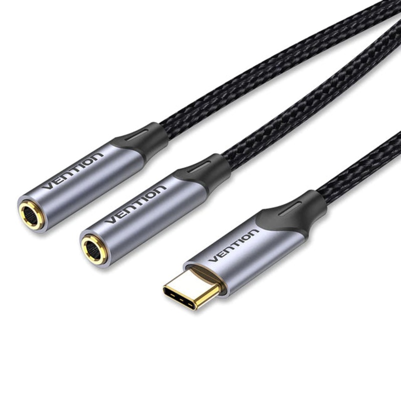 [CLEARANCE] Vention USB Gold Plated Type-C Male to Dual 3.5mm OMTP/CTIA Female 0.3-Meter Braided Audio Jack Adapter for Smartphones, Laptops, Tablets | BGNHY